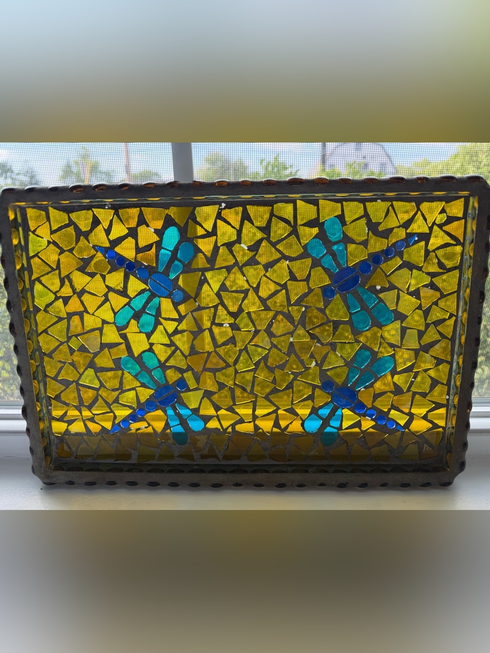 Vintage Pier 1 Mosaic Dragonfly Tray Amber Blue Whimsigoth Whimsical Decor Boho